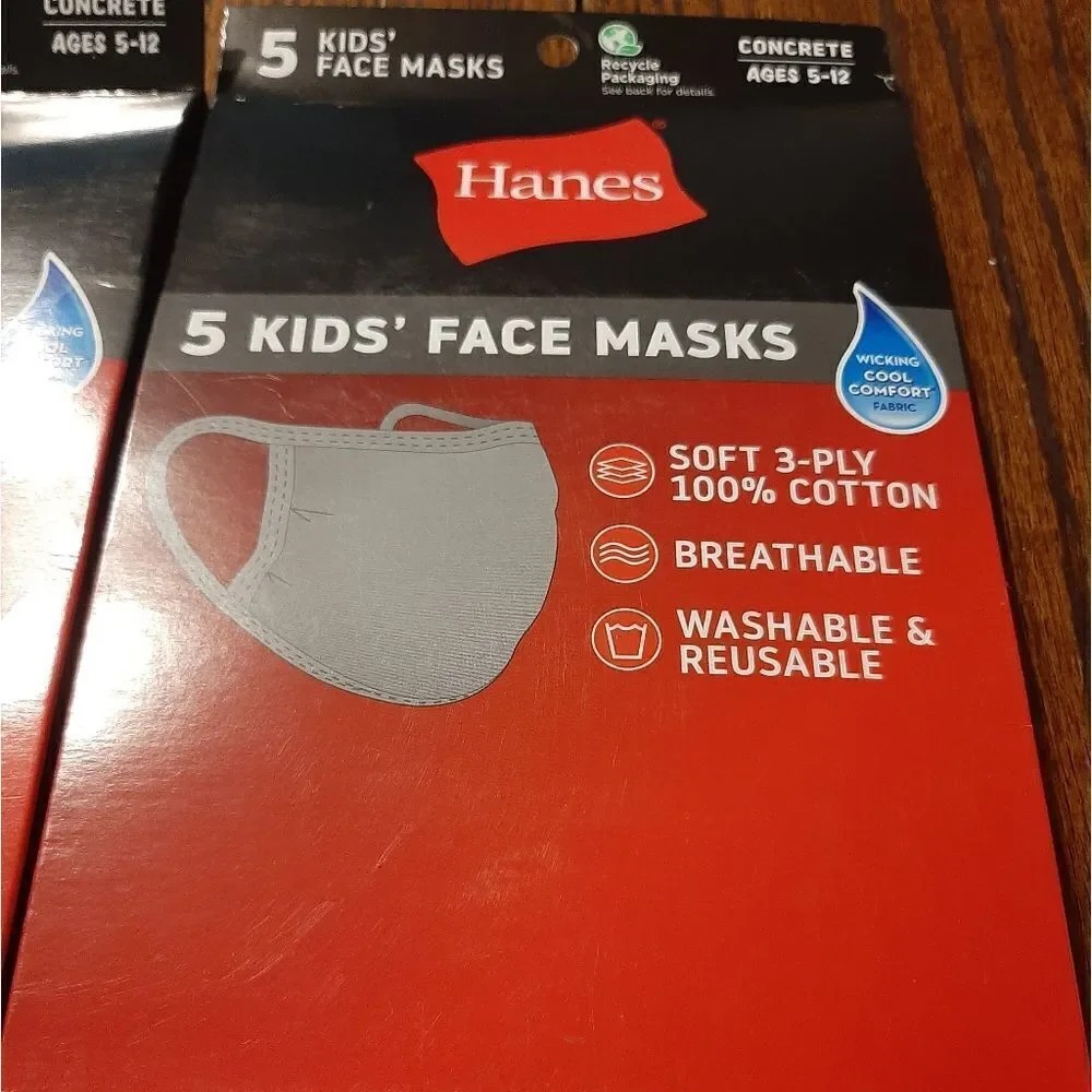 New TEN Grey Kids Youth 5-12 Hanes Cooling Wicking Breathable Facemasks